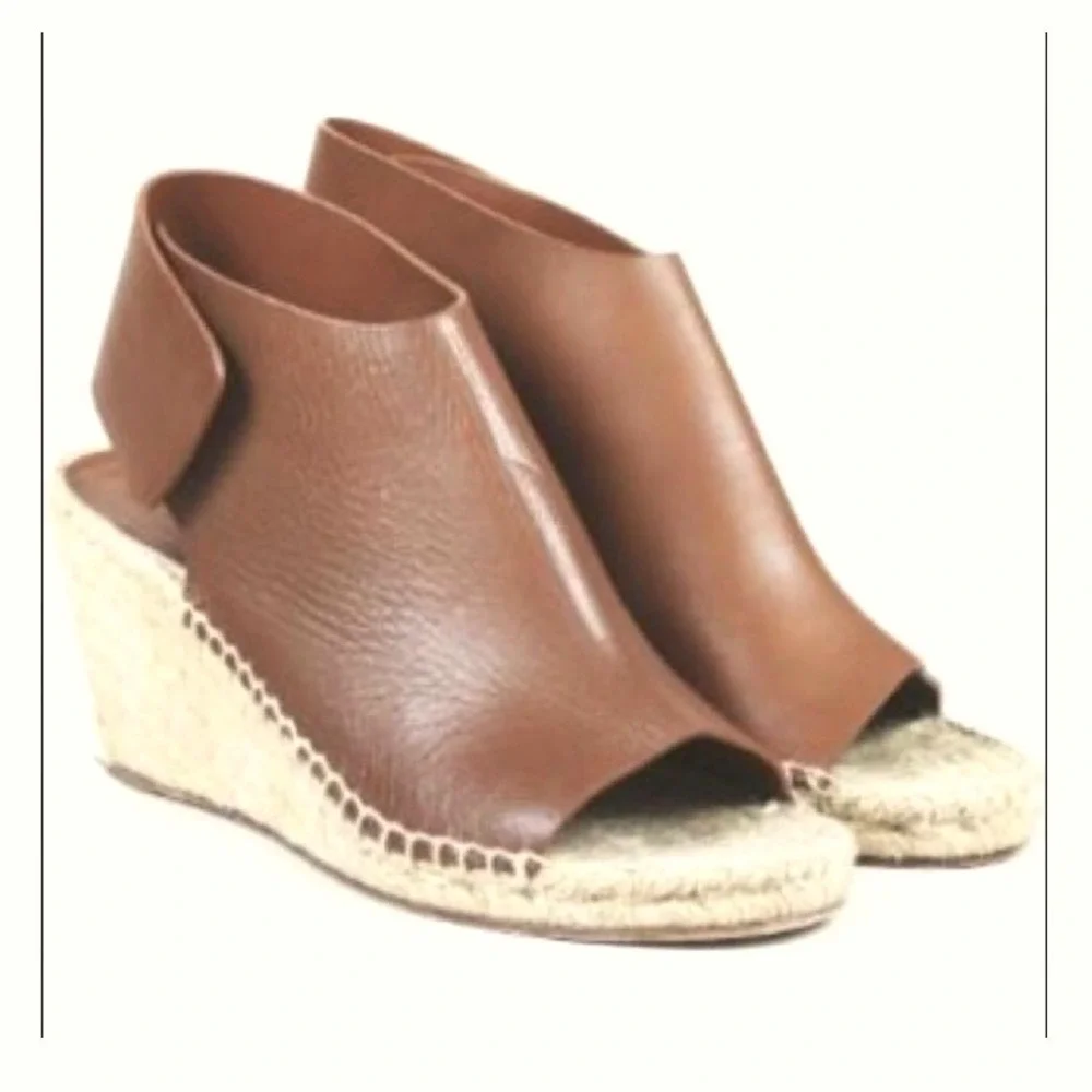 Celine Paris Brown‎ Leather Phoebe Philo Espadrille Wedge Ankle Strap Size 39